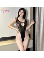 過激 超ハイレグ レオタード テディ 【胸元キーホール/谷間魅せ】 極深Vカット 黒 メッシュ 透け感 限界露出 セクシー ランジェリー ブラックF539【おとなの安心通販】